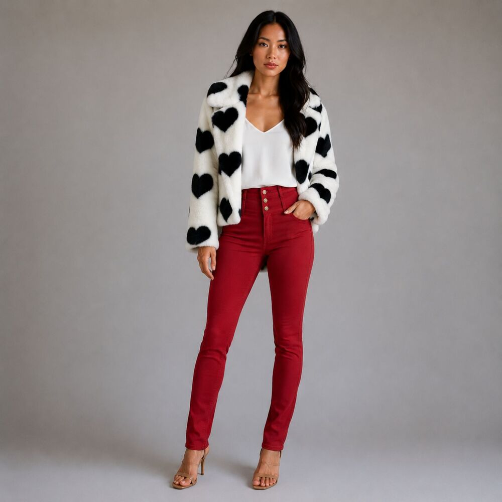 Faux Fur coat W/ M White Black Heart Print Stoosh A14314 LN - Picture 3 of 14